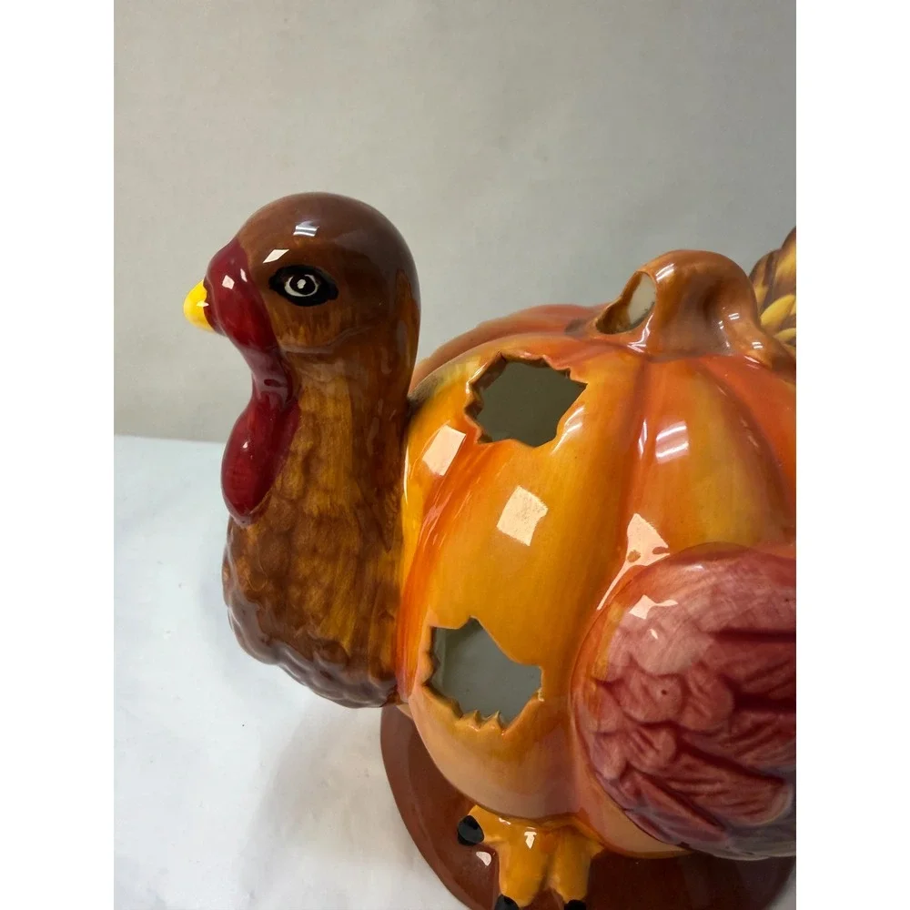 Ceramic Turkey Pumpkin Candle Holder Thanksgiving Autumn Luminary Decor Brown